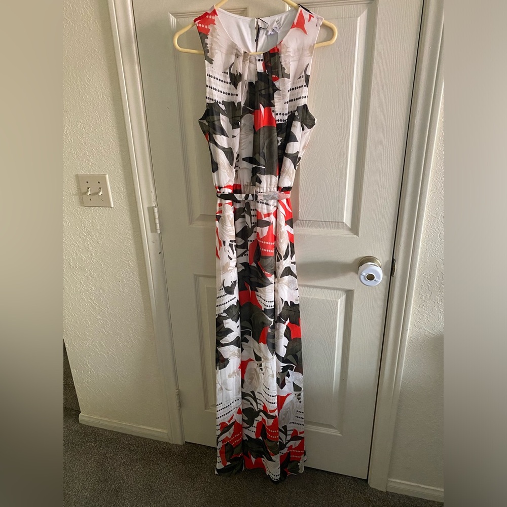 Calvin Klein White Red Black Floral Maxi Dress